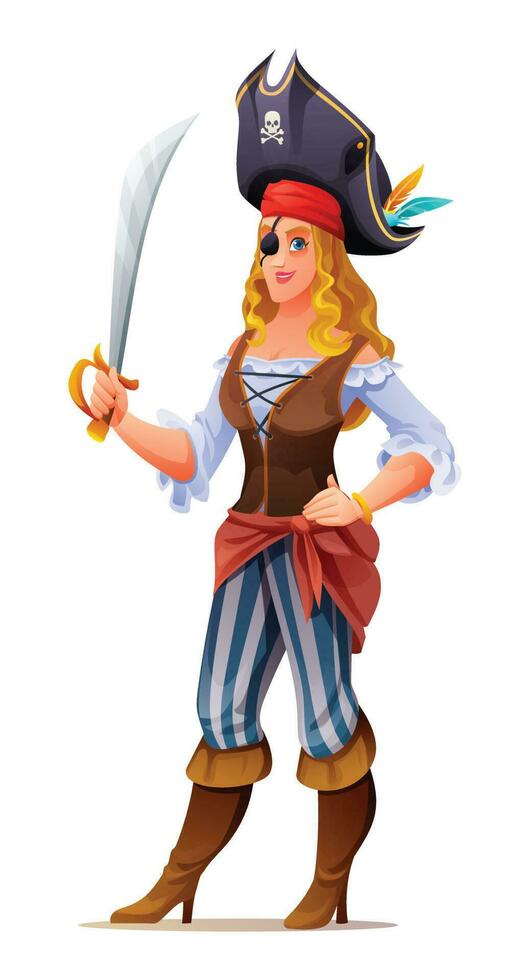 cartone animato donna pirata Tenere un' spada. personaggio design illustrazione vettore