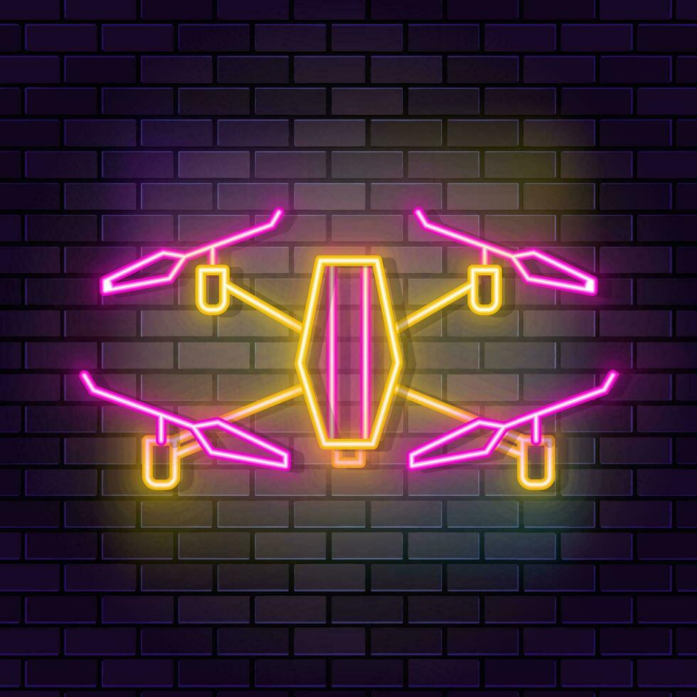 aereo, telecamera, Quadrocopter neon icona mattone parete e buio sfondo. vettore