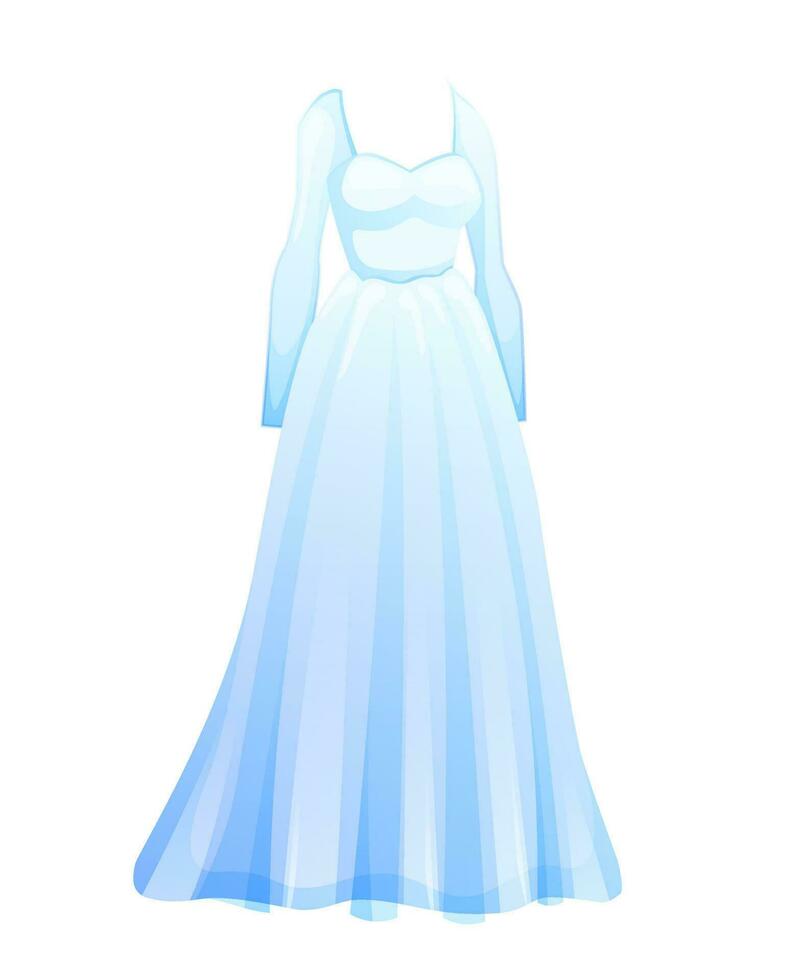 nozze lungo bianca vestito.moda sposa vestito nel cartone animato stile. vettore illustrazione isolato su bianca.