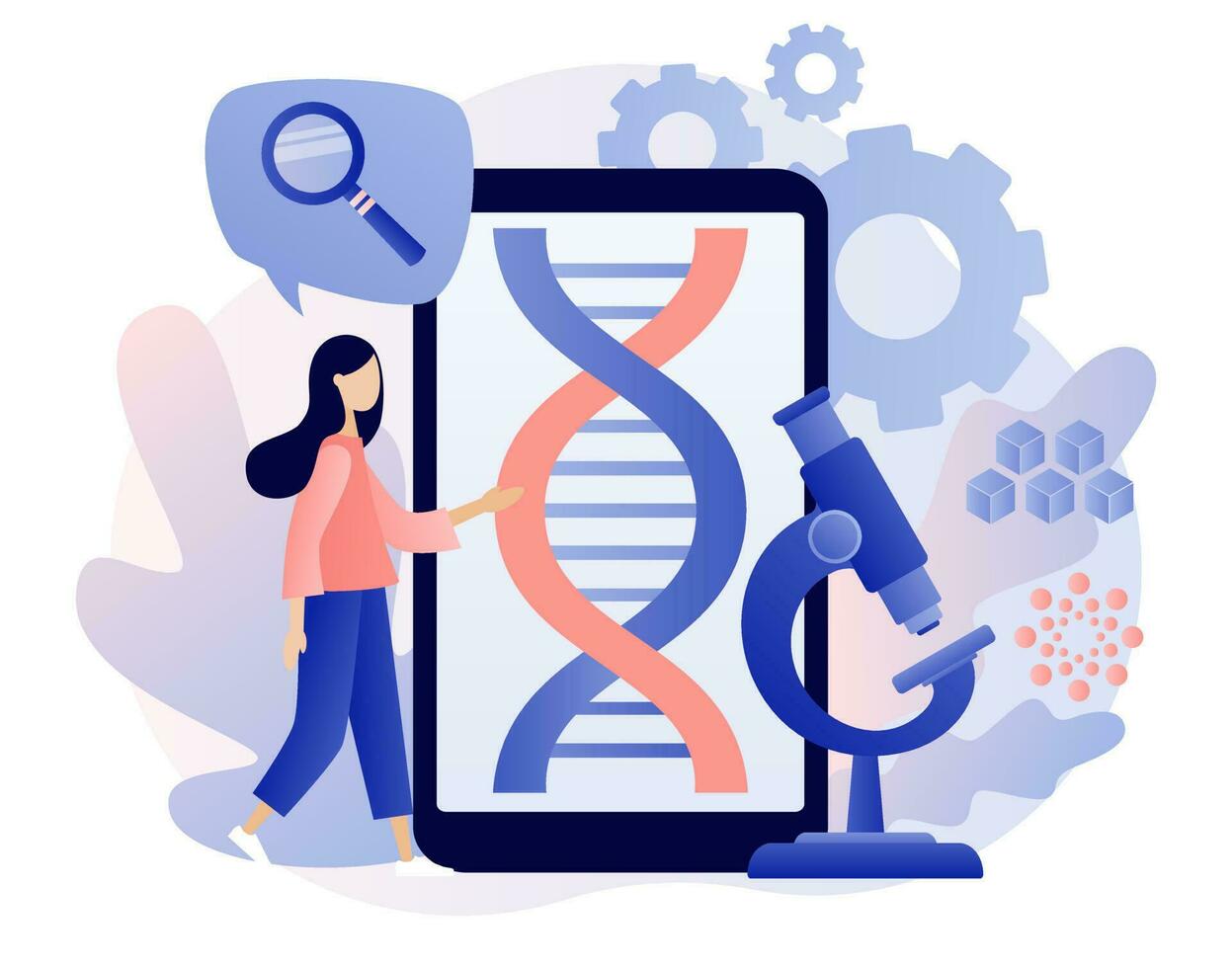 biotecnologia. studia dna uso smartphone e microscopio. innovazione, scienza, laboratorio ricerca, genetico test, chimica, OGM, bioingegneria e organismo. moderno piatto cartone animato stile. vettore