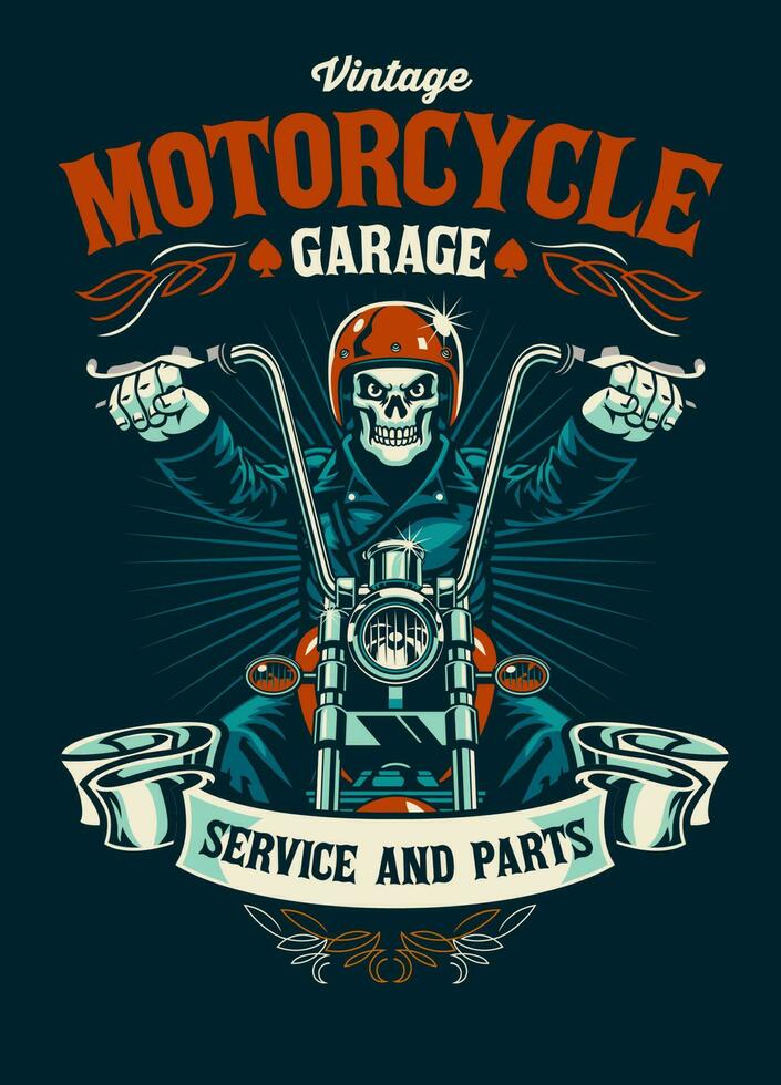 Vintage ▾ maglietta design di motociclo box auto con cranio motociclista portafortuna vettore