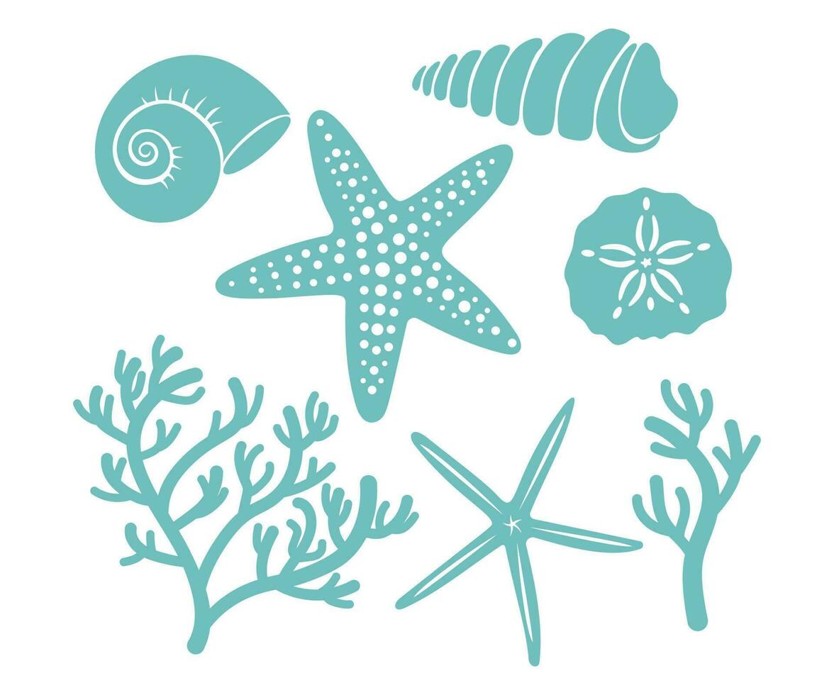mare conchiglie, stelle marine, ostrica e mollusco . impostato di mare vita. mano disegnato vettore illustrazione