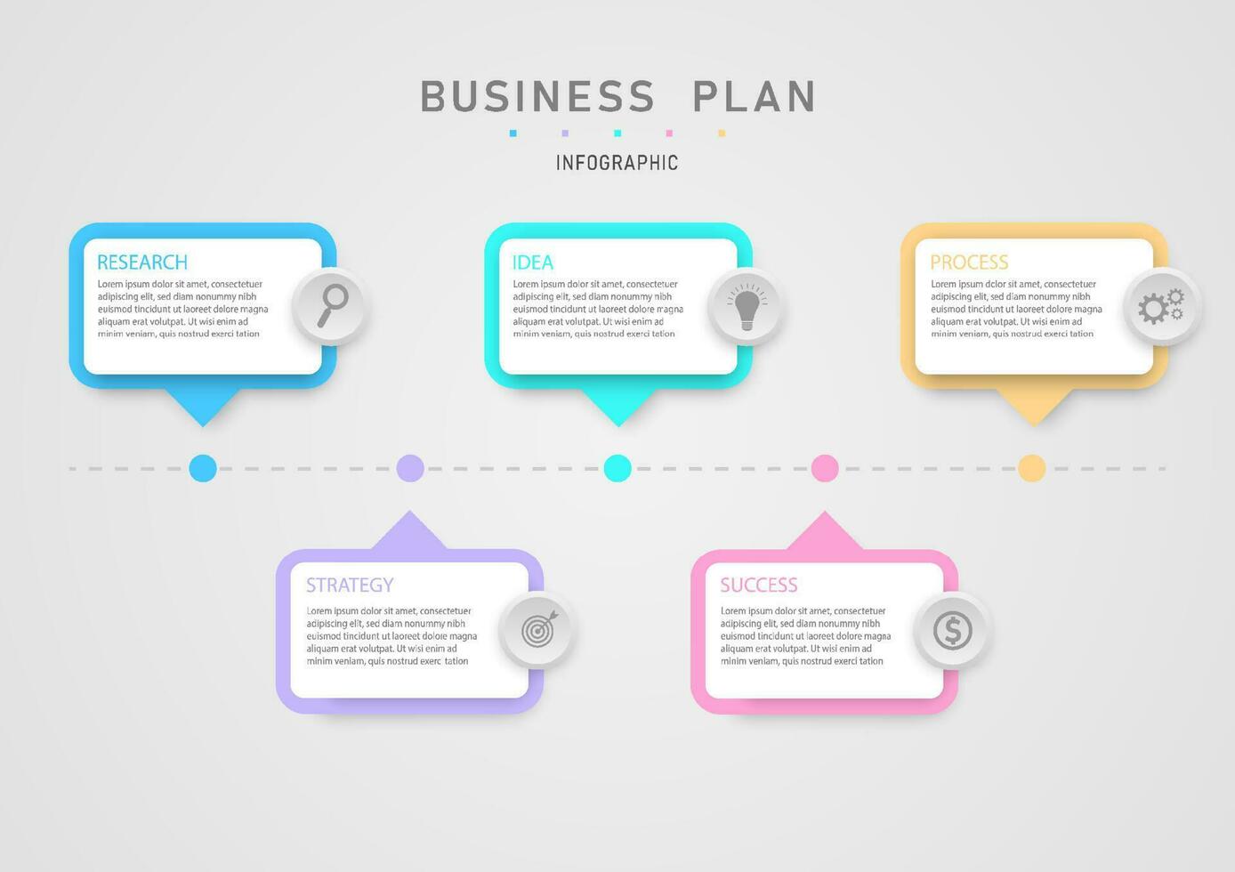 moderno Infografica attività commerciale pianificazione per successo Multi colorato piazze, pulsanti e icone centrato grigio tratteggiata Linee con colorato cerchi. grigio pendenza sfondo design per commerciale, finanziario vettore