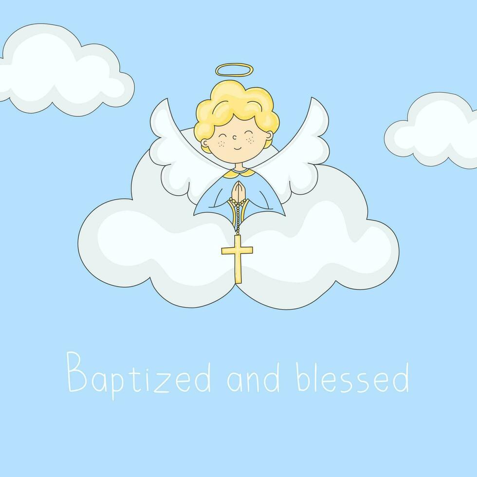 un angelo si siede su un' nube e detiene un' attraversare battesimo giorno carta battezzato e benedetto vettore illustrazione