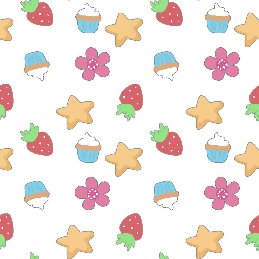 senza soluzione di continuità modello con stelle, fiori, fragola, carino cupcakes e nel il scarabocchio kawaii vettore