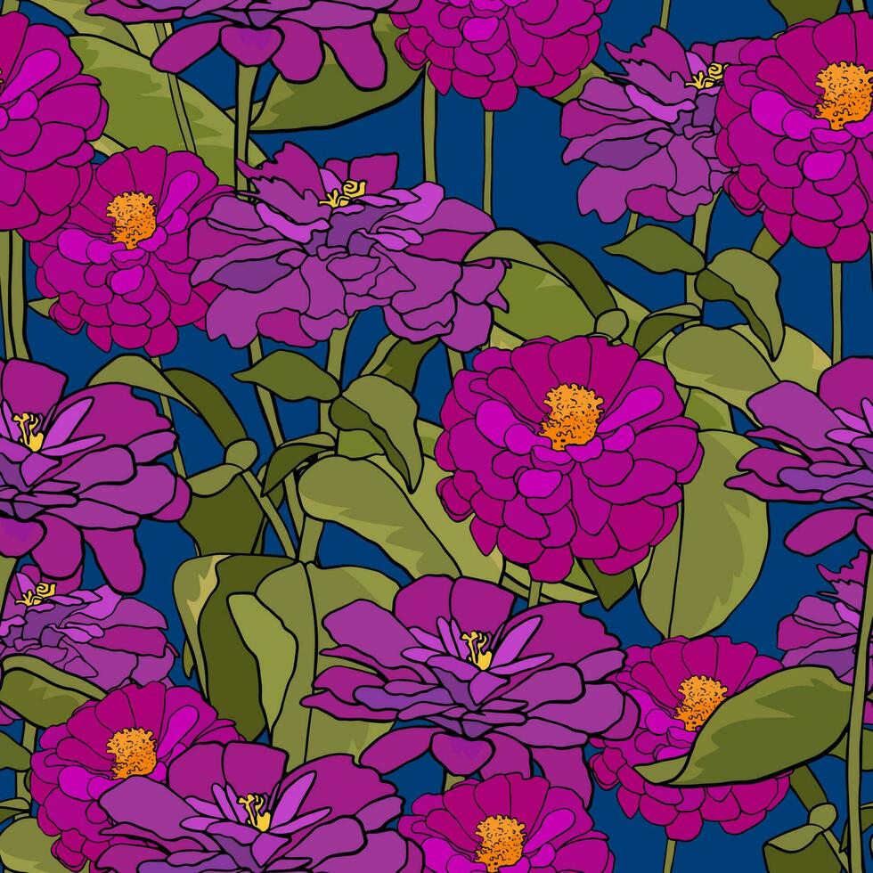 modello con Comune zinnia. viola elegante zinnia fiore su buio blu sfondo vettore