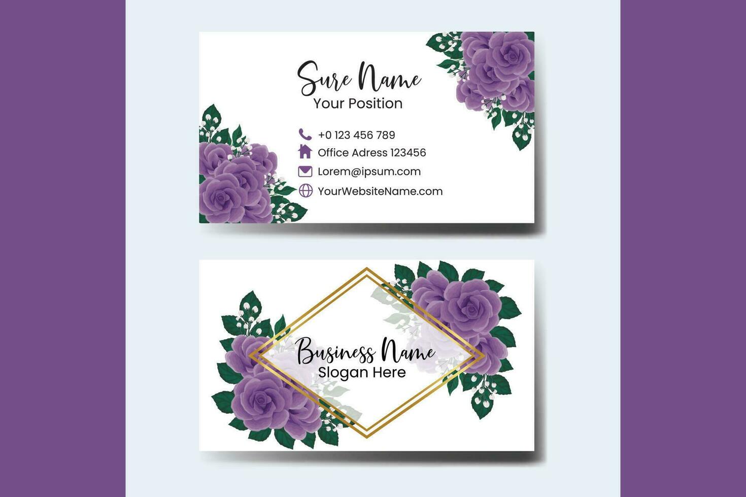 attività commerciale carta modello viola rosa fiore .doppia faccia viola colori. piatto design vettore illustrazione. Stazionario design