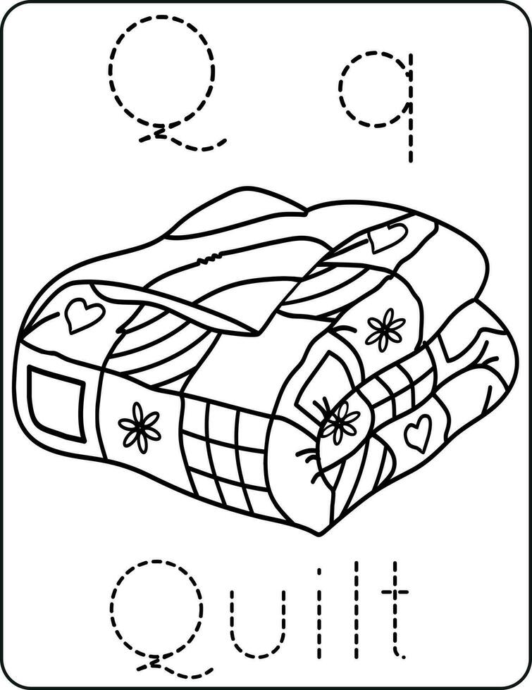 lettera qq maiuscolo e minuscolo, carino bambini colorazione un' trapunta, abc alfabeto tracciato pratica foglio di lavoro di un' trapunta per bambini apprendimento inglese vocabolario, e grafia vettore illustrazione