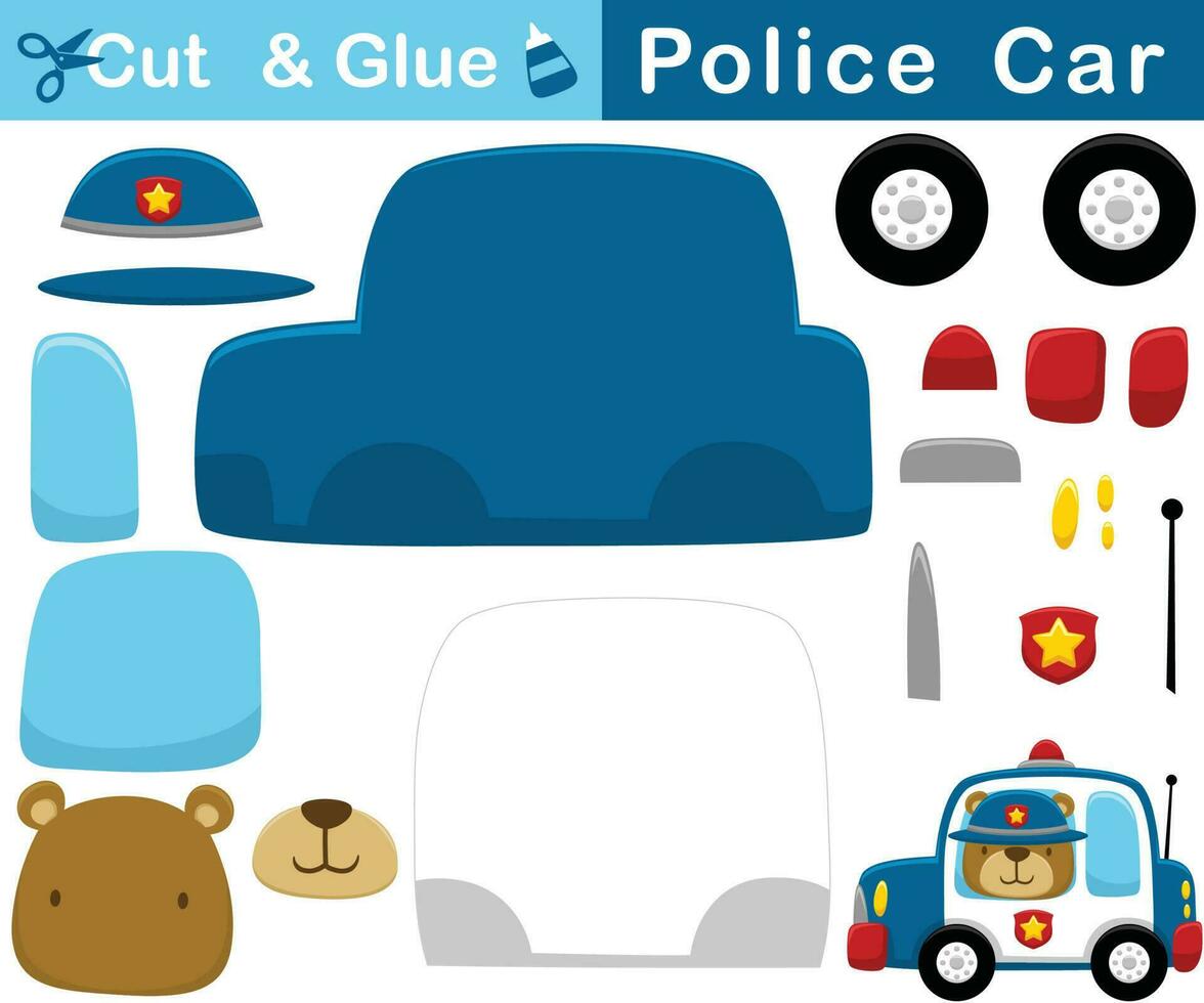 divertente orso nel polizia berretto su polizia macchina. formazione scolastica carta gioco per bambini. ritagliare e incollaggio. vettore cartone animato illustrazione