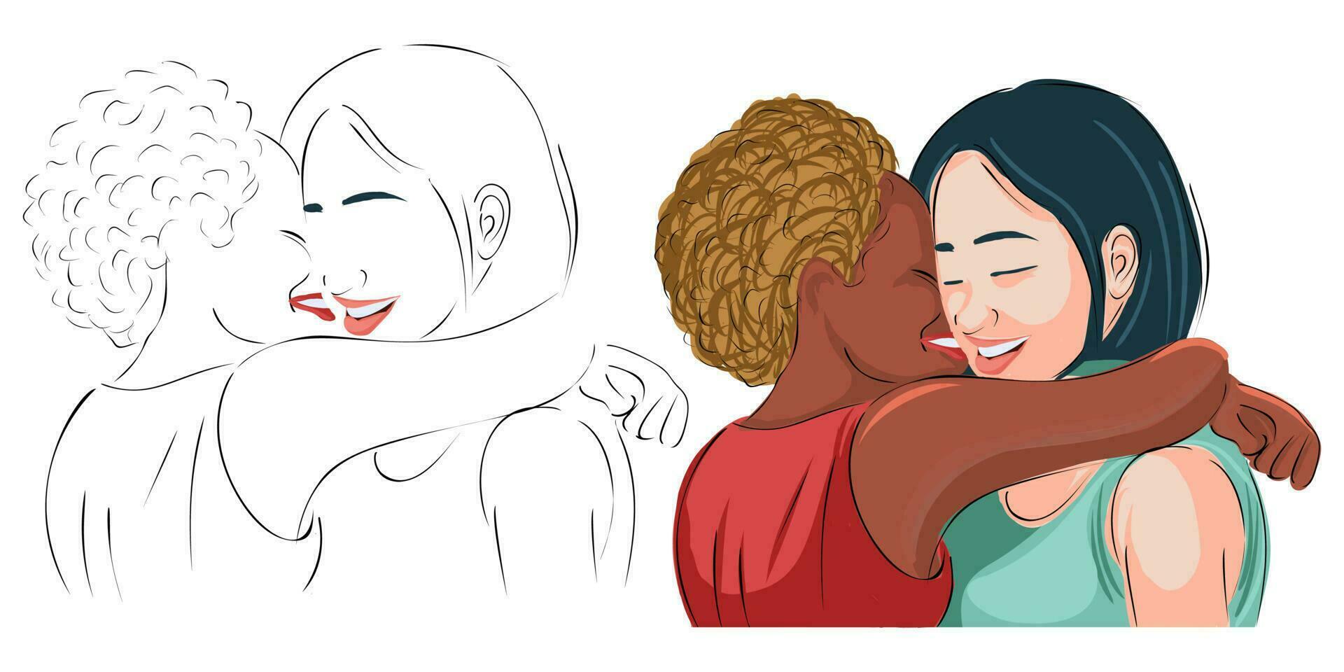 lesbica coppia piatto design illustrazione. ritratto di Due bellissimo ragazze nel un intimo astrazione. interacial donne con romantico stesso sesso compagno siamo flirtare, abbracciare, baciare. LGBTQ amore vettore