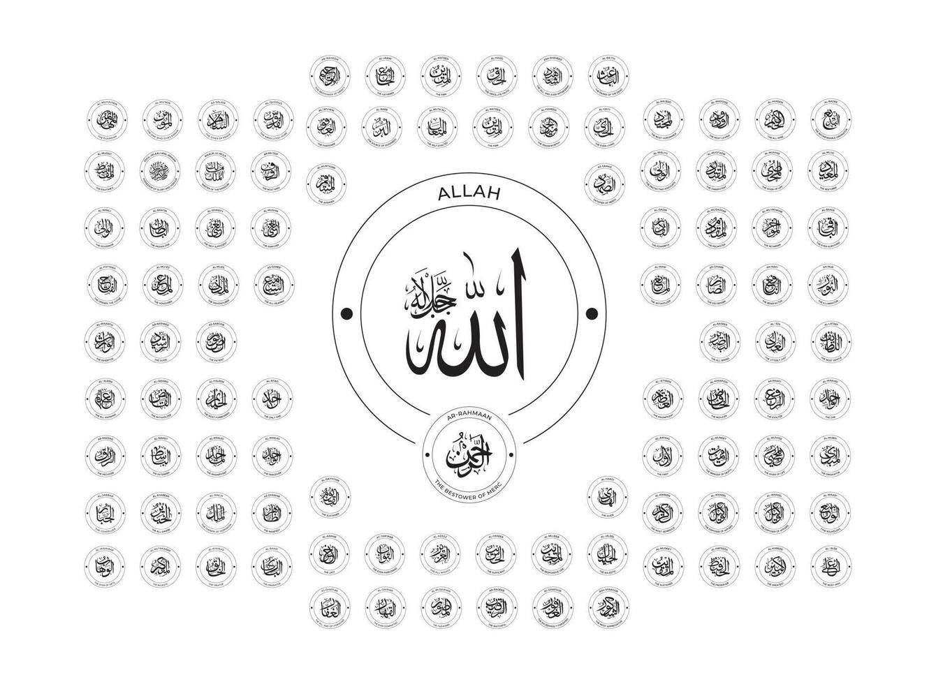 Allah nomi, Allah, nomi di Allah, Islam, nomi, allahu akbar, novanta nove nomi di Allah, islamico promemoria, islamico citazioni, calligrafia arte, islamico, nomi di Dio, islamico arte vettore