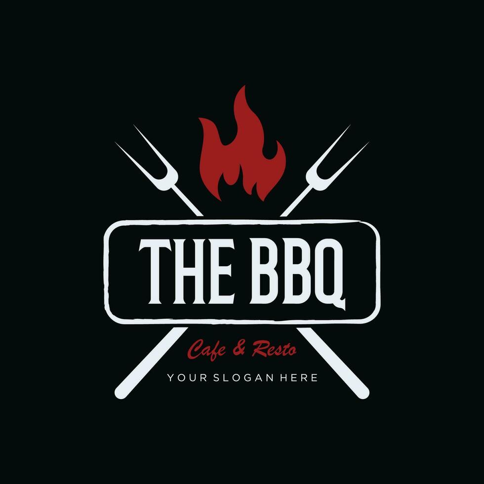 bbq caldo griglia Vintage ▾ tipografia logo design con attraversato fiamme e spatola. logo per ristorante, distintivo, caffè e sbarra. vettore