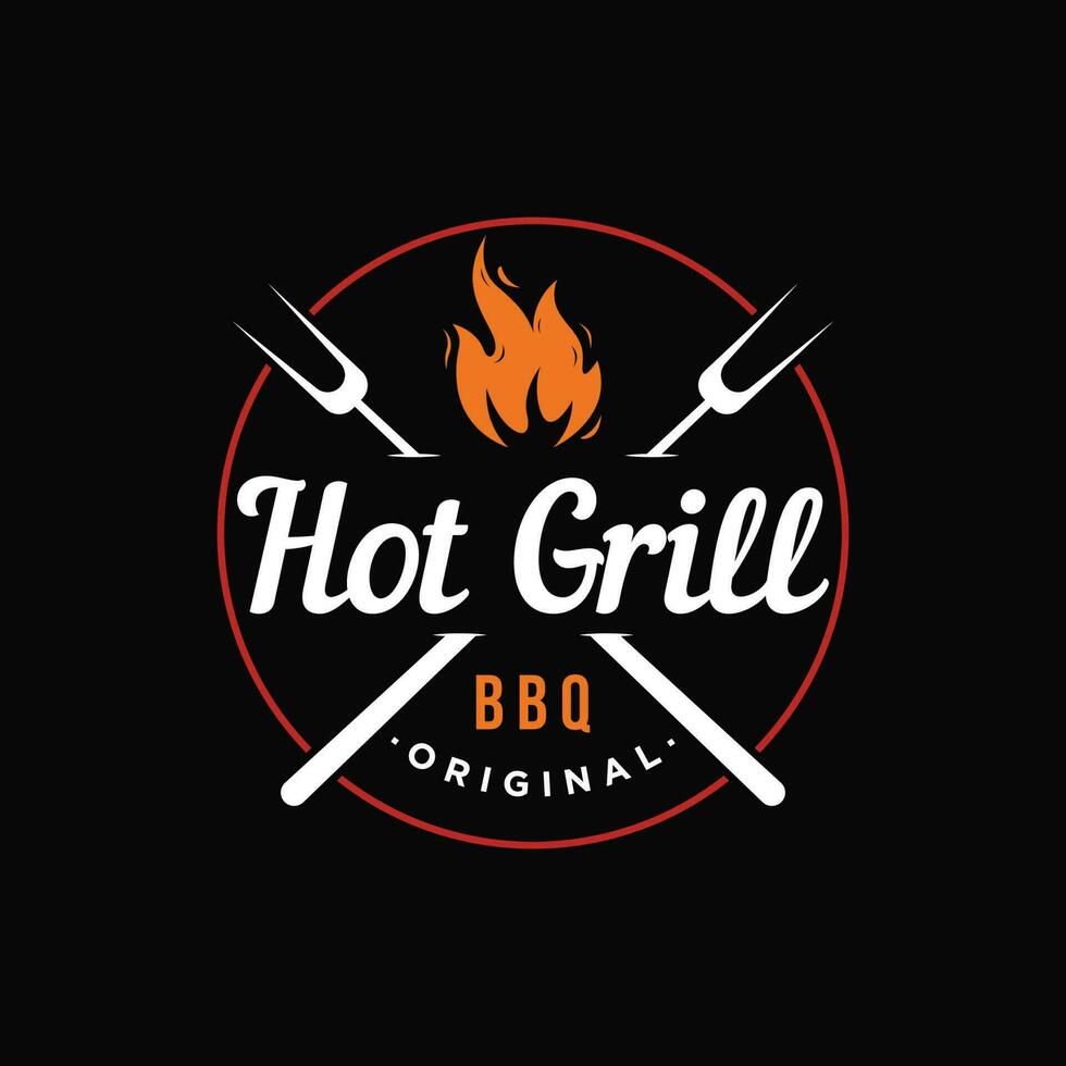 bbq caldo griglia Vintage ▾ tipografia logo design con attraversato fiamme e spatola. logo per ristorante, distintivo, caffè e sbarra. vettore