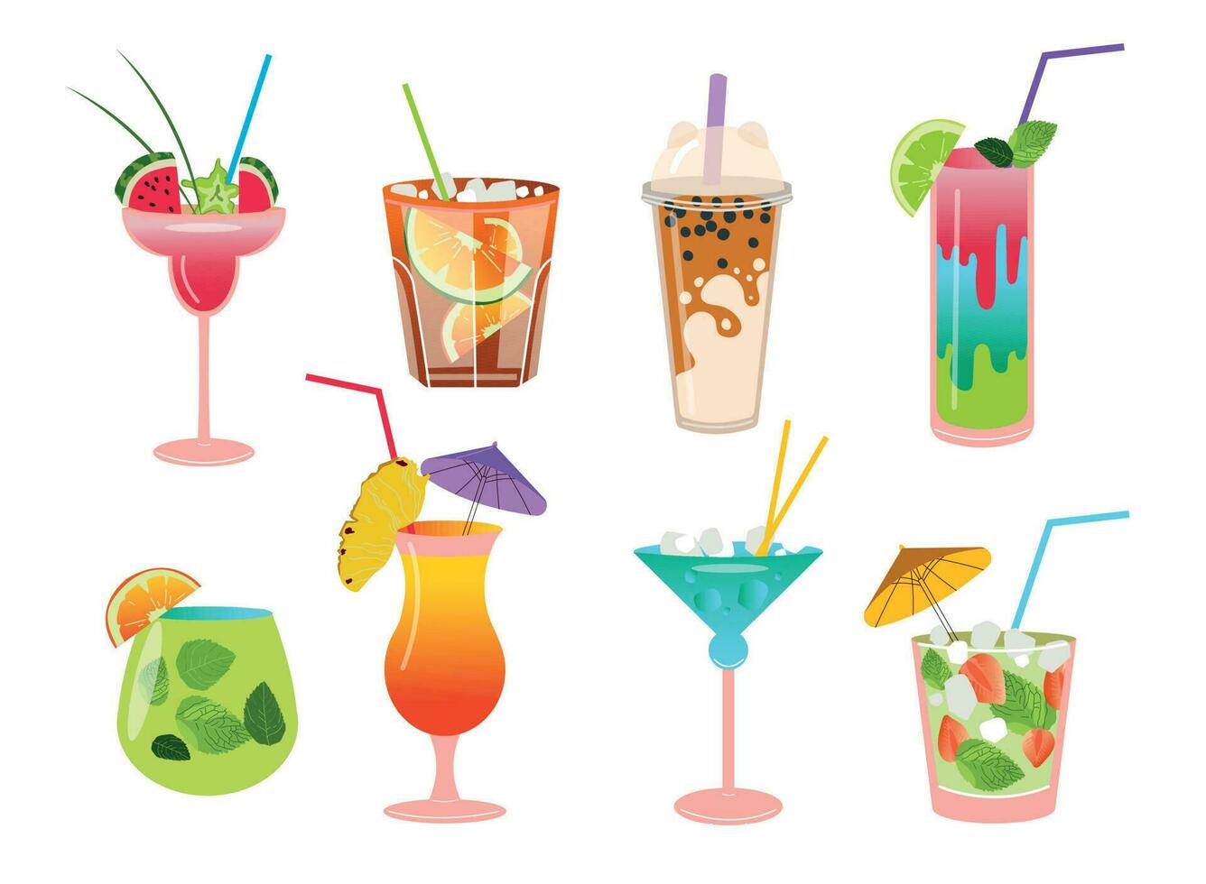 impostato di estate tropicale cocktail.vari isolato bicchieri per cocktail con bevande su un' bianca sfondo. vettore illustrazione.