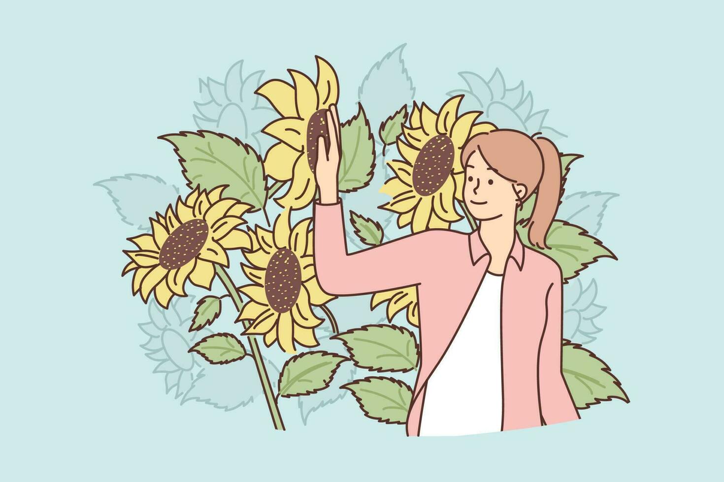 donna sta nel campo con girasoli godendo natura e biologico impianti cresciuto senza uso di pesticidi. girasoli fiori vicino ragazza chi possiede agricolo piantagione o agro azienda agricola vettore