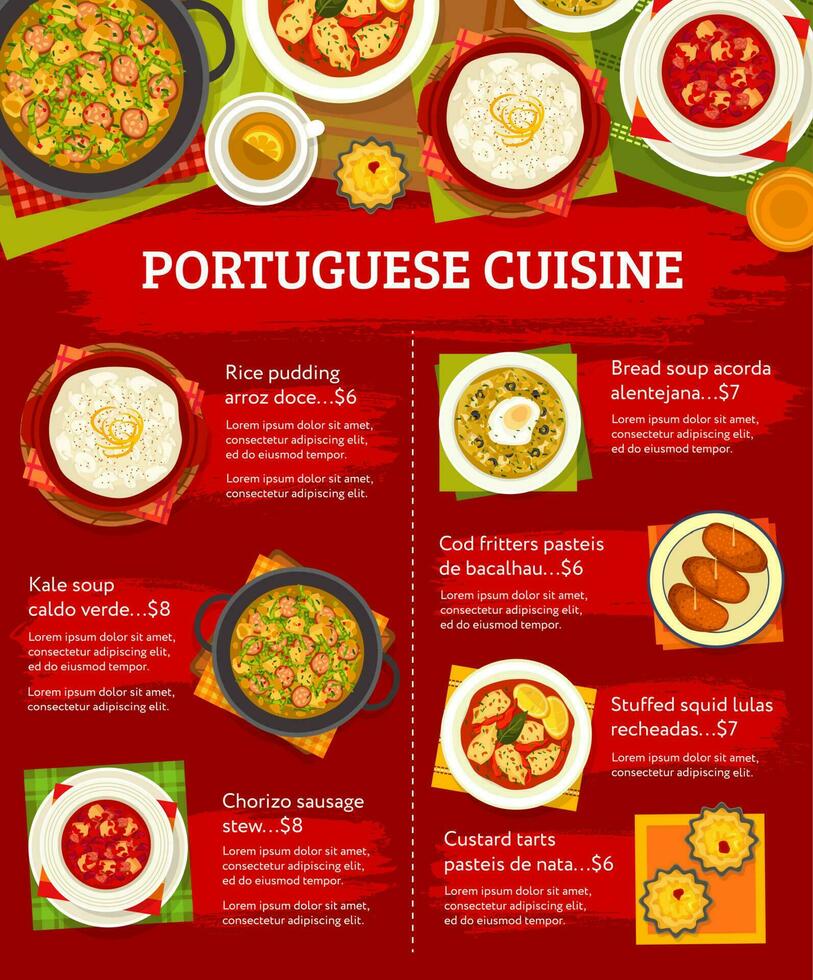 portoghese cucina menù, ristorante pranzo cibo vettore
