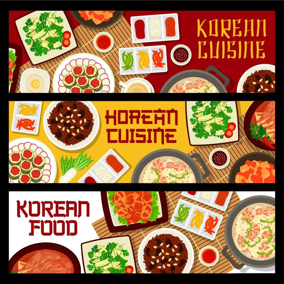 coreano cibo striscioni, asiatico cucina menù piatti vettore