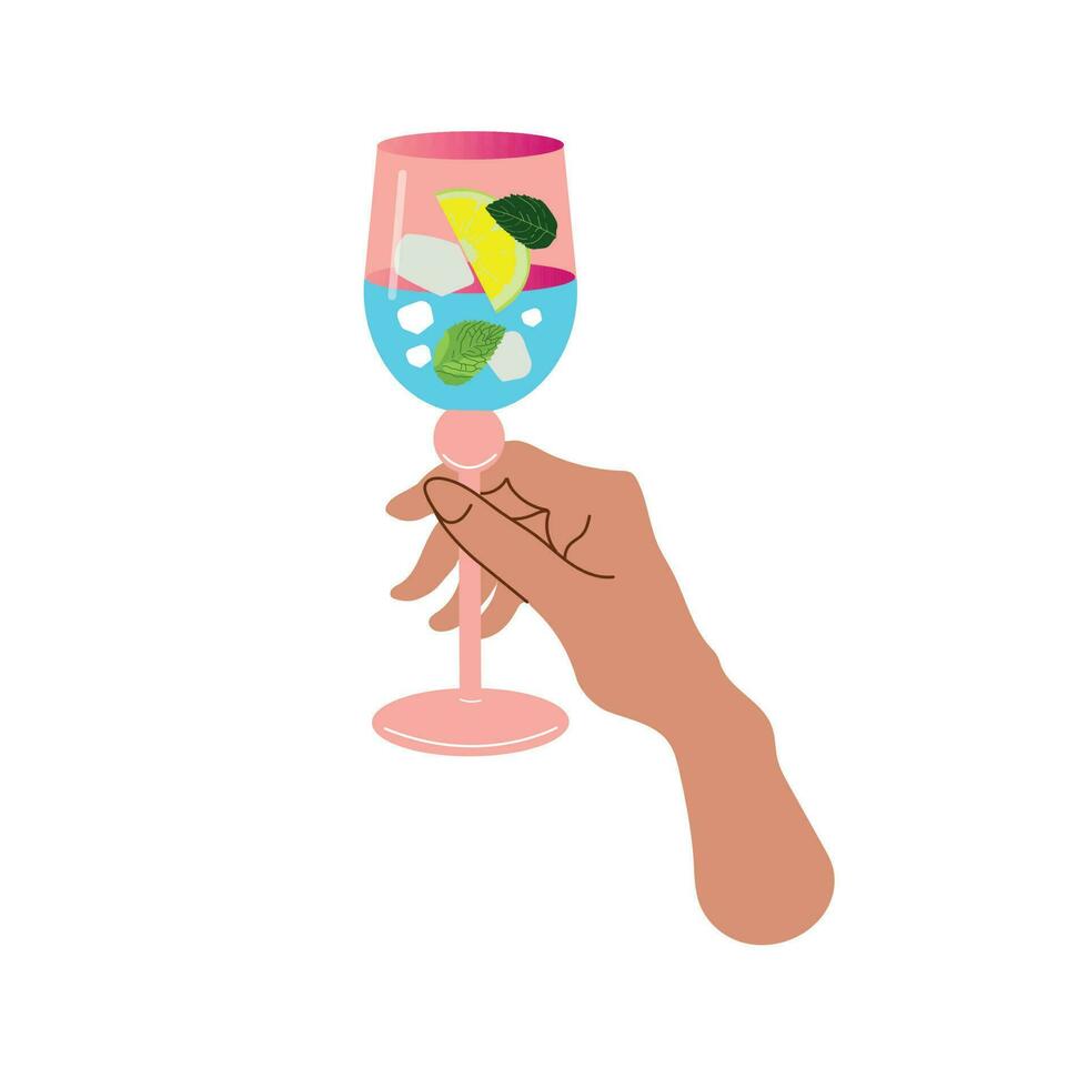 mano detiene un' bicchiere con un' rinfrescante estate cocktail. estate aperitivo, alcolizzato bere. vettore illustrazione isolato su bianca sfondo.