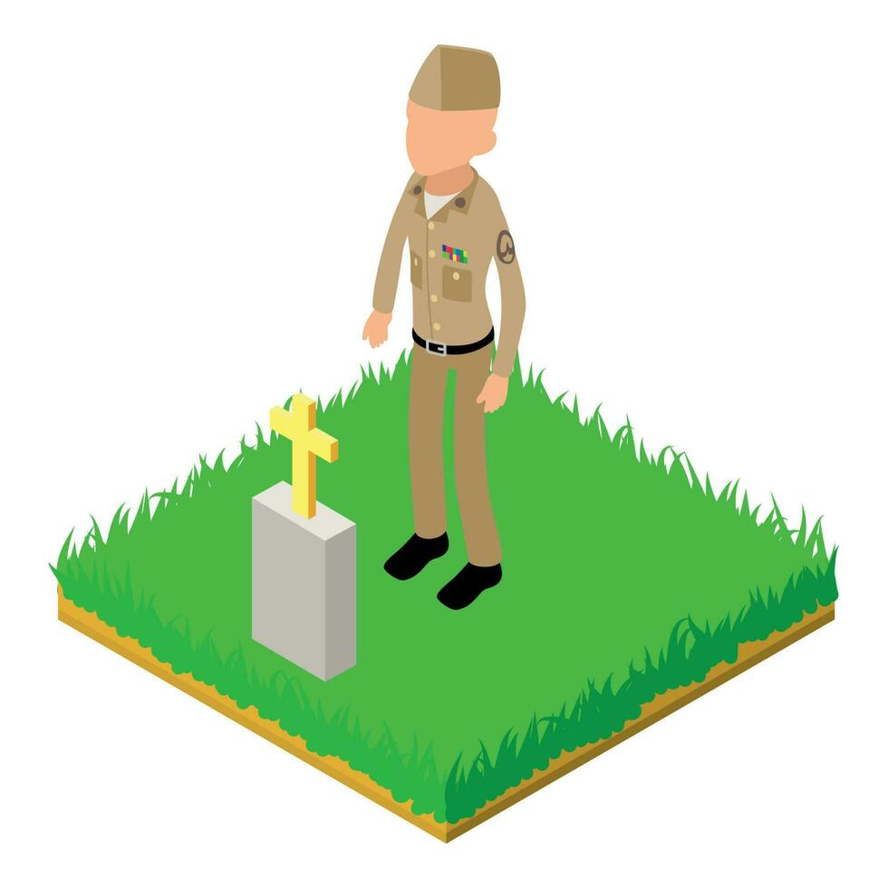 fanteria soldato icona isometrico vettore. soldato nel uniforme In piedi vicino tomba icona vettore