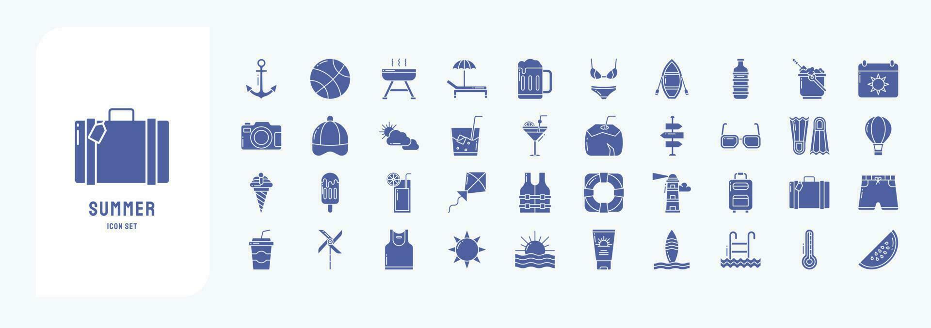 collezione di icone relazionato per estate e vacanza, Compreso icone piace ancora, sfera, barbecue, spiaggia sedia e Di Più vettore