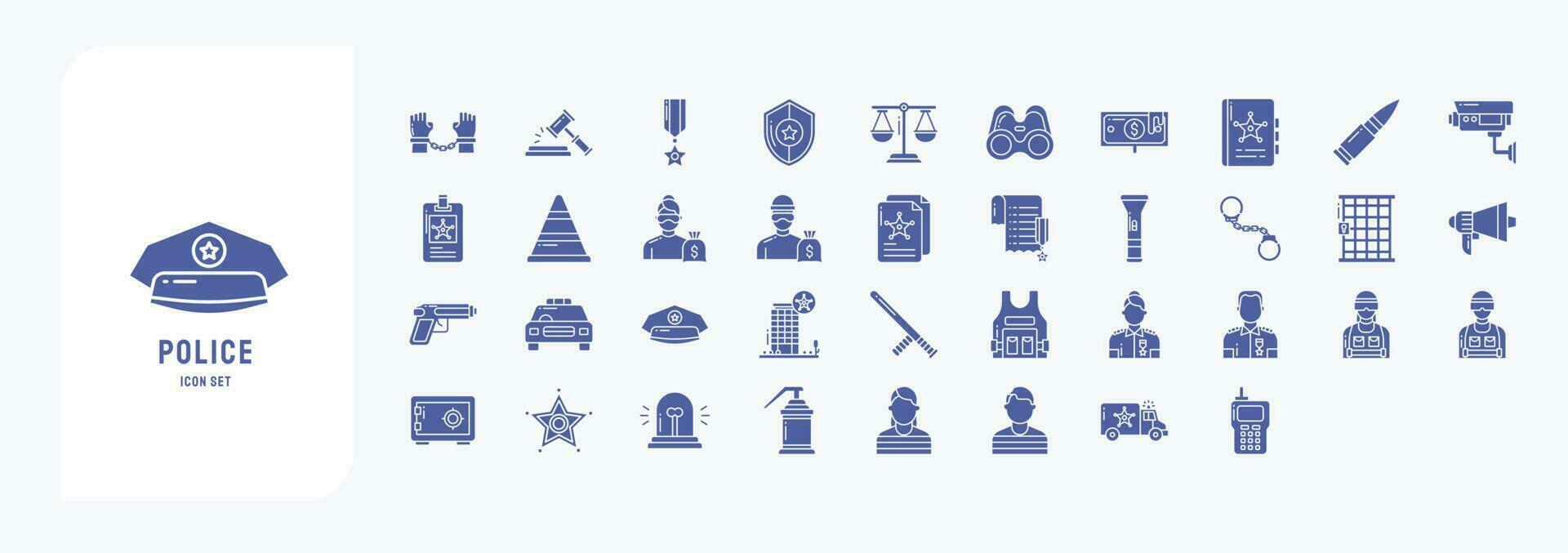 collezione di icone relazionato per polizia e legge, Compreso icone piace arresto, asta, proiettile, binocolo e Di Più vettore