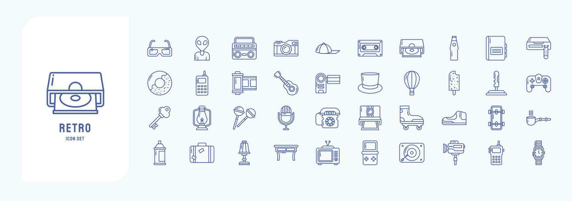 collezione di icone relazionato per retrò oggetti, Compreso icone piace alieno, boombox, telecamera, cassetta, ciambella e Di Più vettore