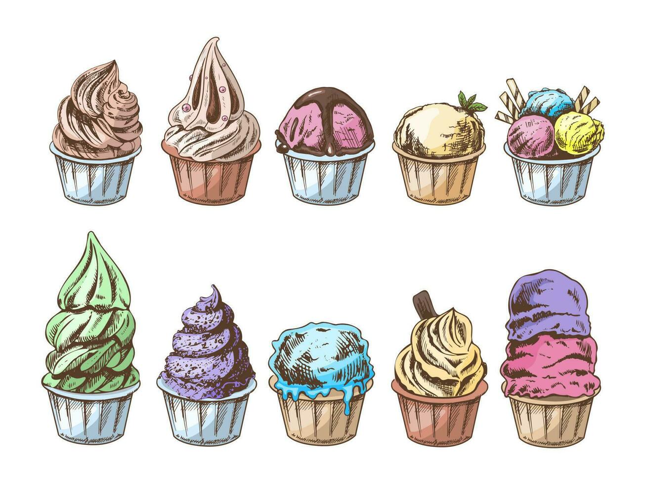 un' disegnato a mano colorato schizzo di ghiaccio crema palle, congelato Yogurt o cupcakes nel tazze. impostare. Vintage ▾ illustrazione. elemento per il design di etichette, confezione e cartoline. vettore