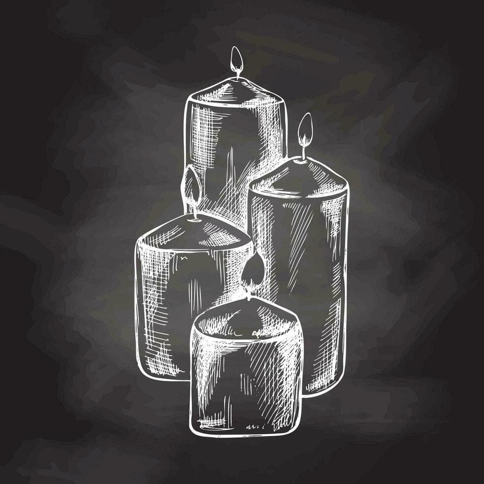 mano disegnato schizzo di ardente candele. vettore illustrazione di un' Vintage ▾ stile isolato su lavagna sfondo. Halloween o Natale disegno.