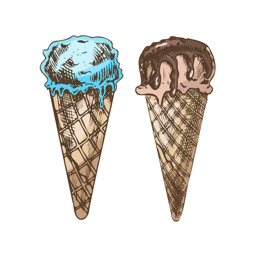 un' disegnato a mano colorato schizzo di un' cialda coni con congelato Yogurt o morbido ghiaccio crema. Vintage ▾ illustrazione. elemento per il design di etichette, confezione e cartoline. vettore