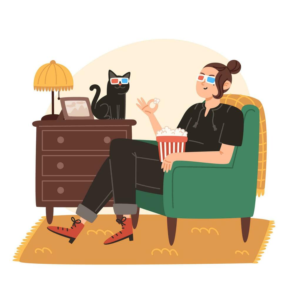 giovane donna seduta su accogliente poltrona e e Guardando un' film a casa vettore