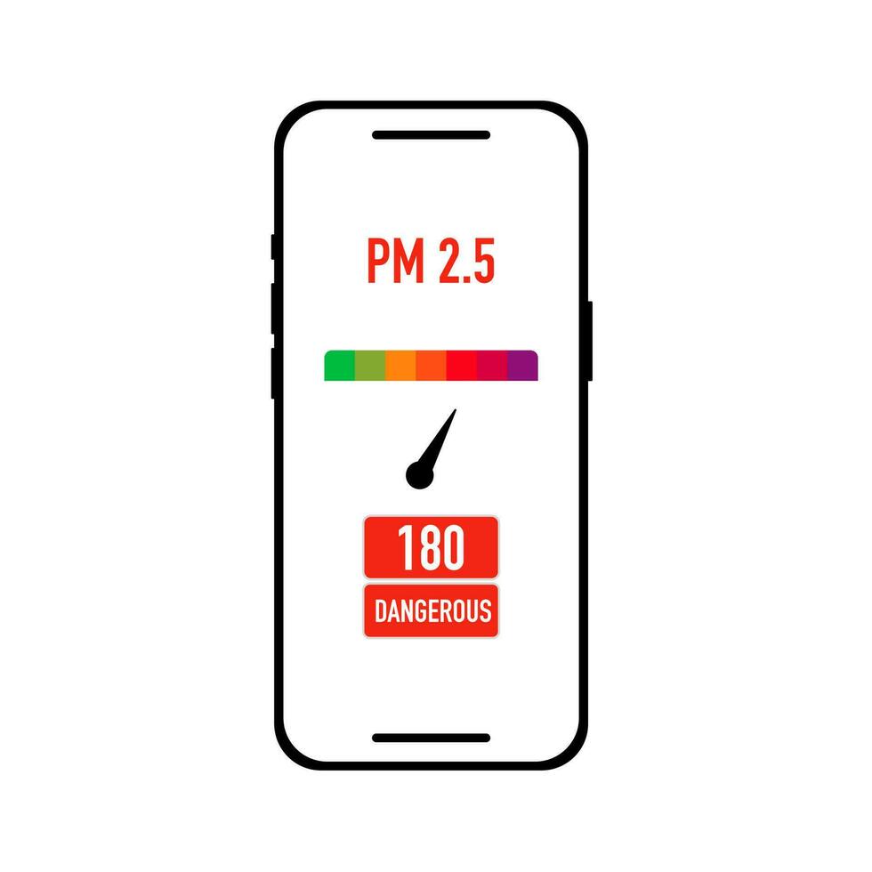 smartphone e applicazione dai un'occhiata pm 2.5, aria inquinamento mettere in guardia. dai un'occhiata il polvere metro valutare cartello e icona vettore
