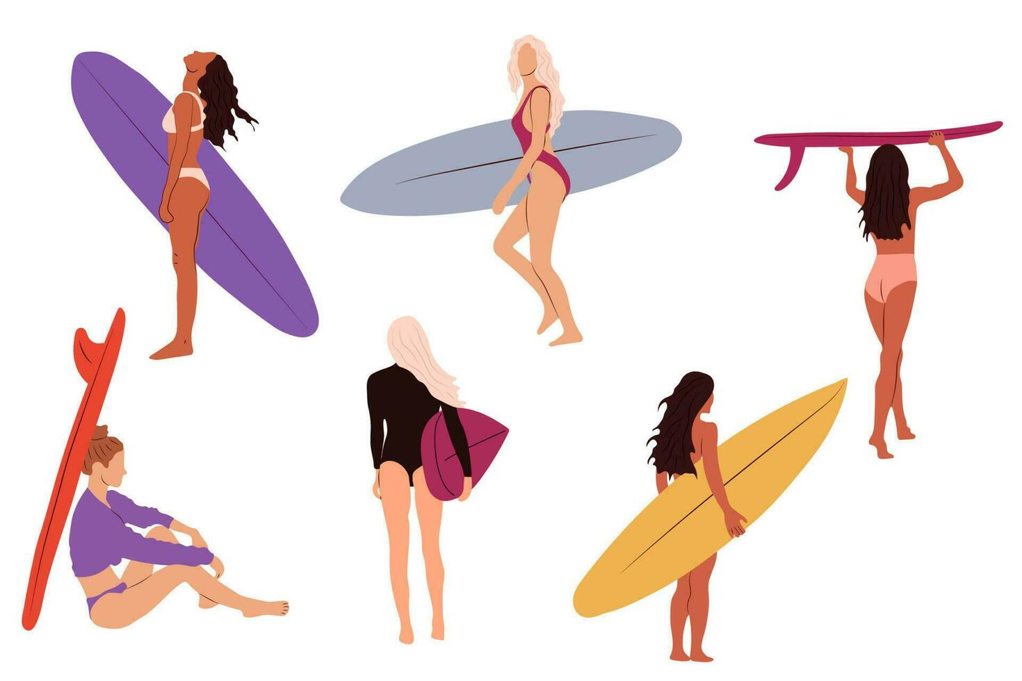 impostato di Surf ragazze minimalista vettore illustrazione. piatto stile digitale arte. giovane donna con tavola da surf nel pieno crescita