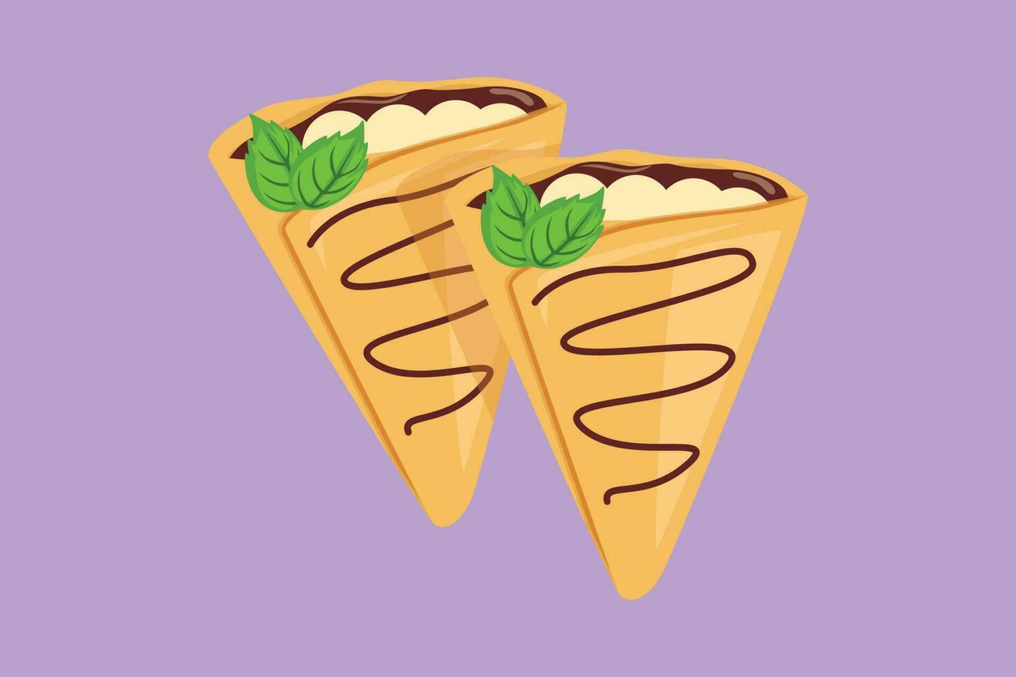 personaggio piatto disegno stilizzato croccante crepes con sciroppo, salsa cioccolato ripieno logo etichetta. dolce merenda ristorante concetto per bar negozio o cibo consegna servizio. cartone animato design vettore illustrazione