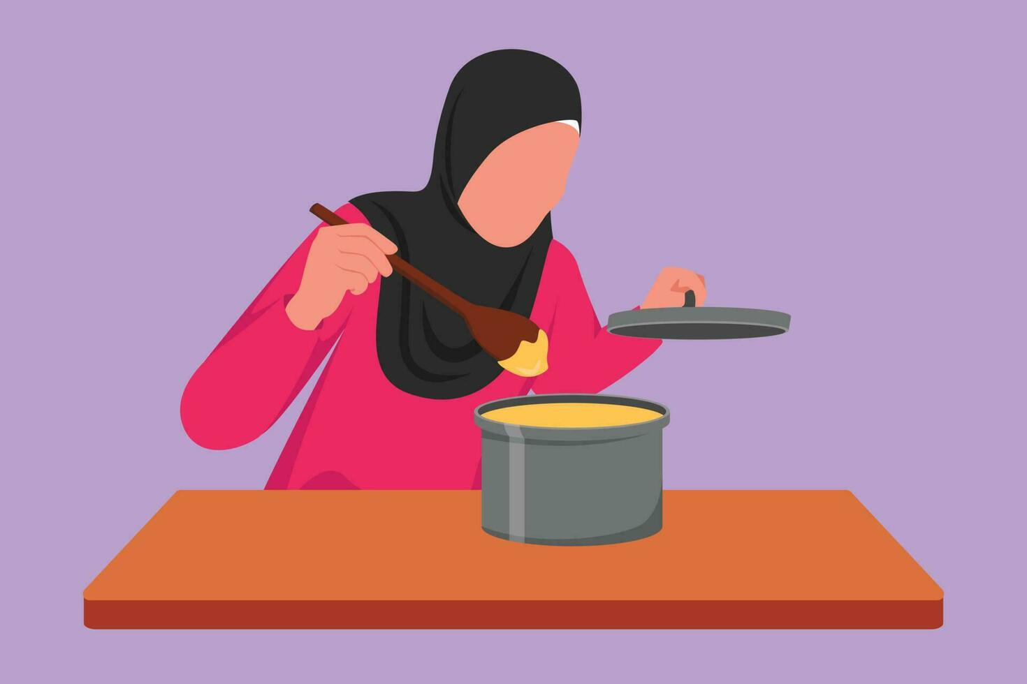 cartone animato piatto stile disegno bellezza casalinga godendo odore di cucinando a partire dal pentola. arabo donna preparare cibo per famiglia cena a cucina. cucinando a casa. salutare cibo. grafico design vettore illustrazione