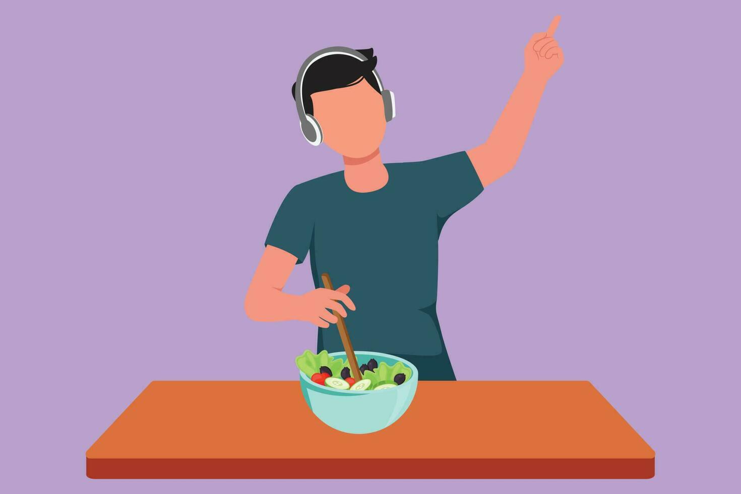 personaggio piatto disegno attivo uomo impiattamento fresco insalata su ciotola e ascoltando musica con cuffie nel cucina. cucinando delizioso pasto a casa. preparare salutare cibo. cartone animato design vettore illustrazione