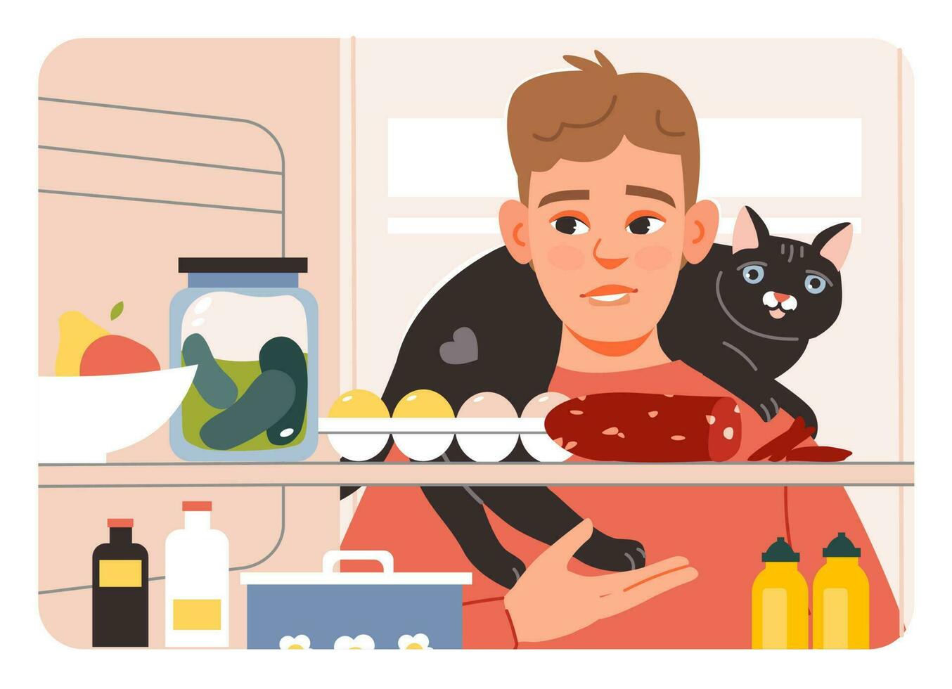 un' Affamato uomo con un' gatto controlli il frigorifero con cibo. animale domestico proprietario. piatto vettore illustrazione.