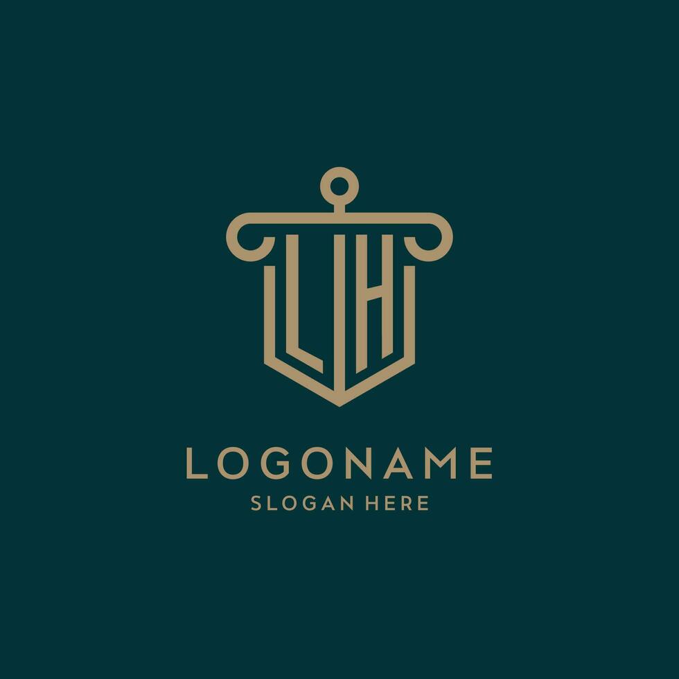 lh monogramma iniziale logo design con scudo e pilastro forma stile vettore