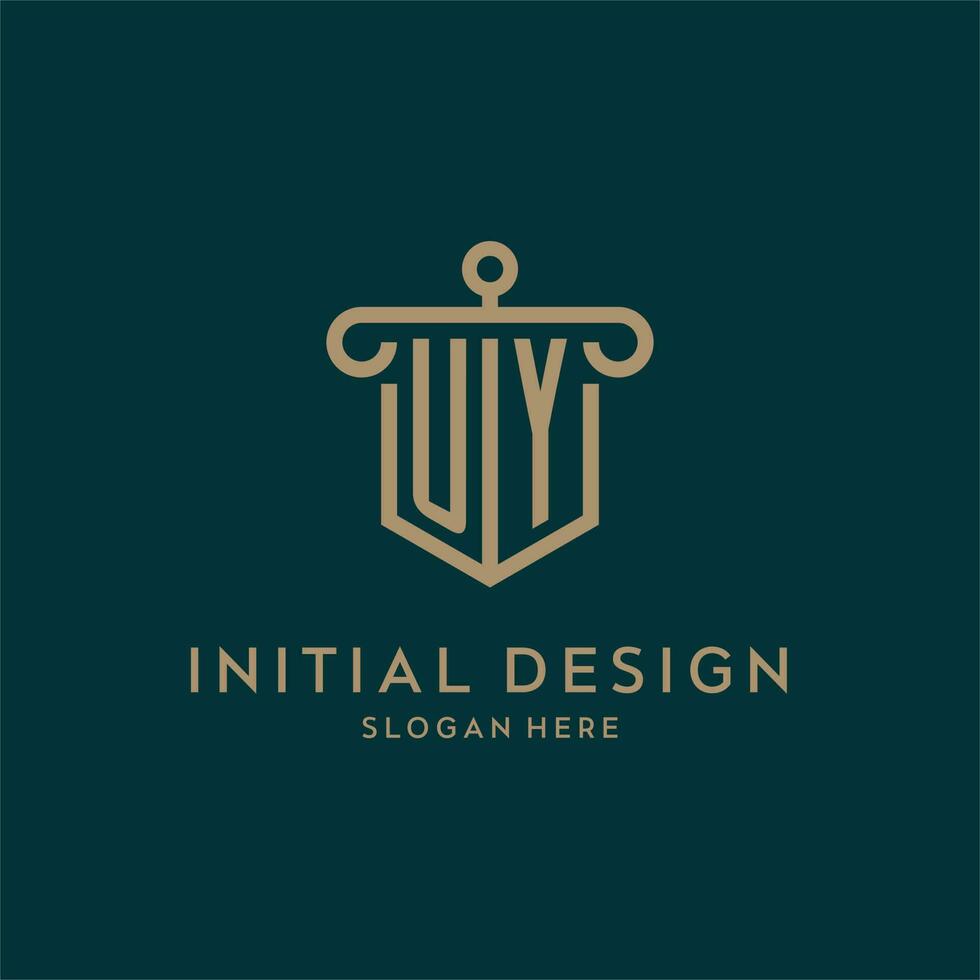 uy monogramma iniziale logo design con scudo e pilastro forma stile vettore