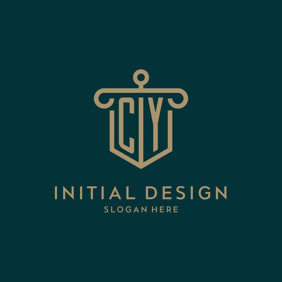 cy monogramma iniziale logo design con scudo e pilastro forma stile vettore