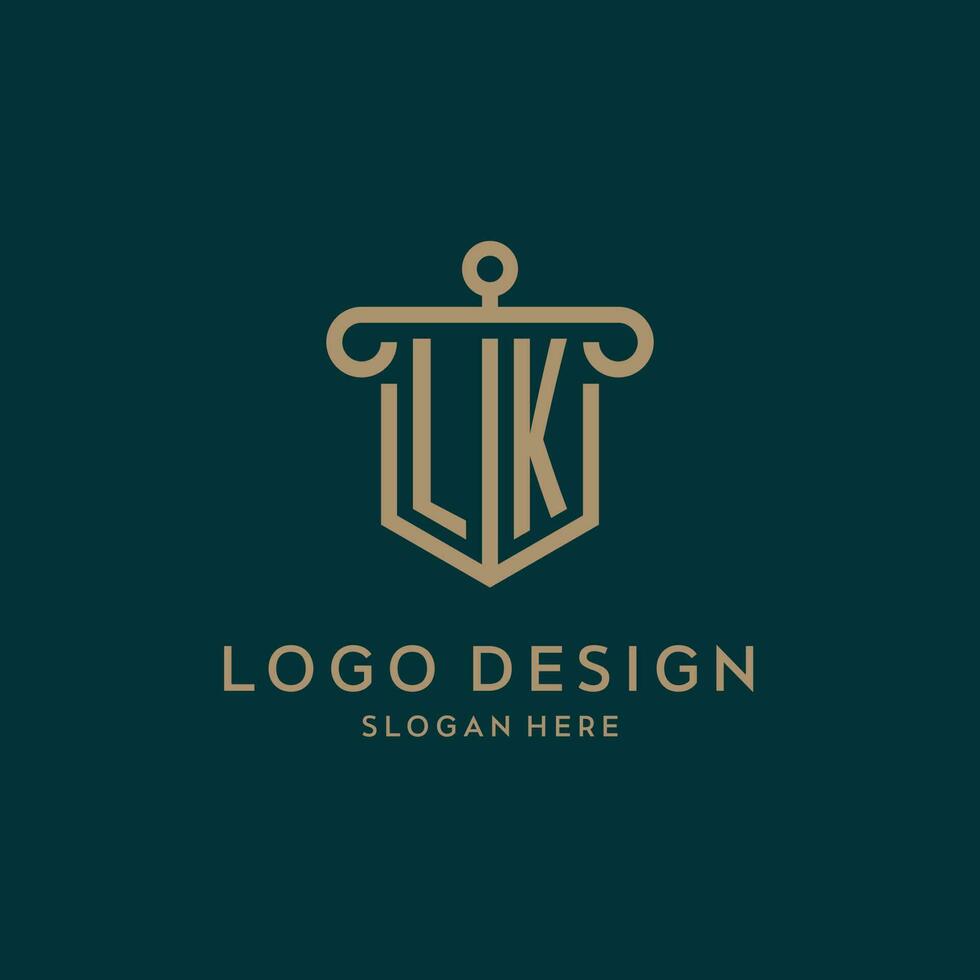 lk monogramma iniziale logo design con scudo e pilastro forma stile vettore