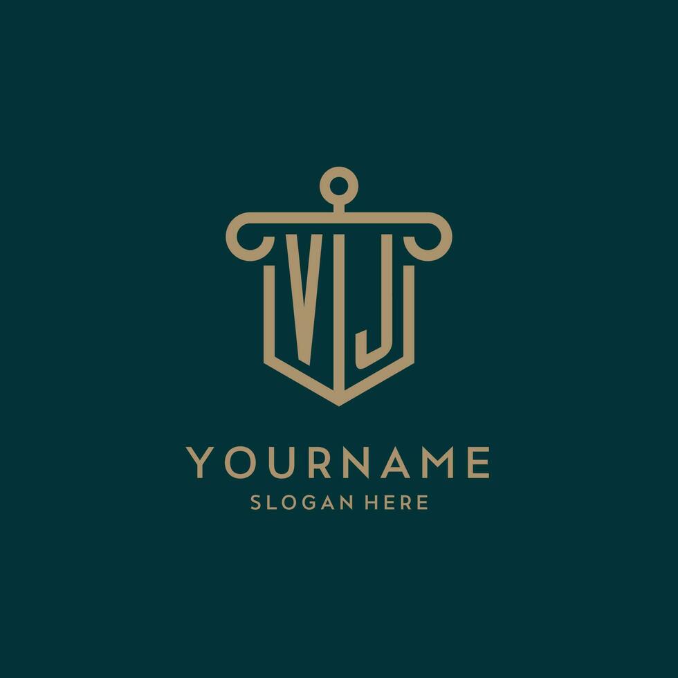 vj monogramma iniziale logo design con scudo e pilastro forma stile vettore