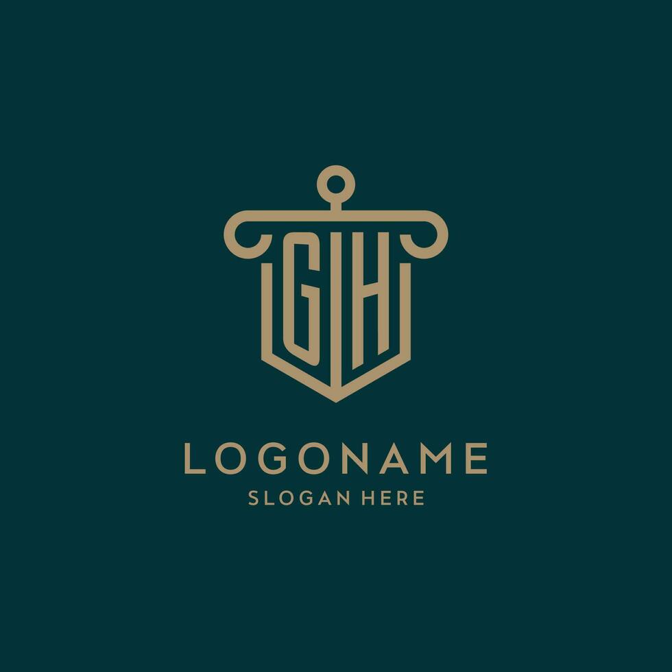 gh monogramma iniziale logo design con scudo e pilastro forma stile vettore