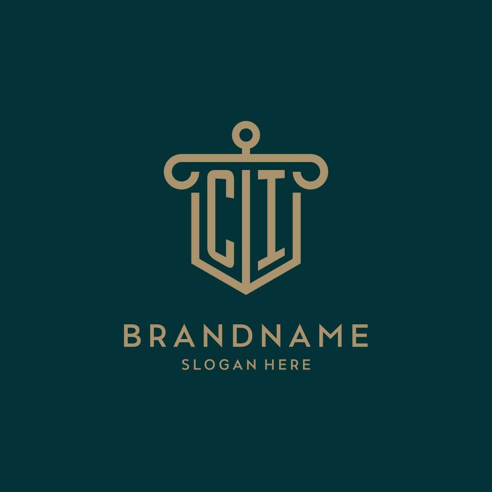 ci monogramma iniziale logo design con scudo e pilastro forma stile vettore