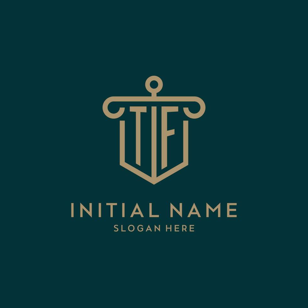 tf monogramma iniziale logo design con scudo e pilastro forma stile vettore