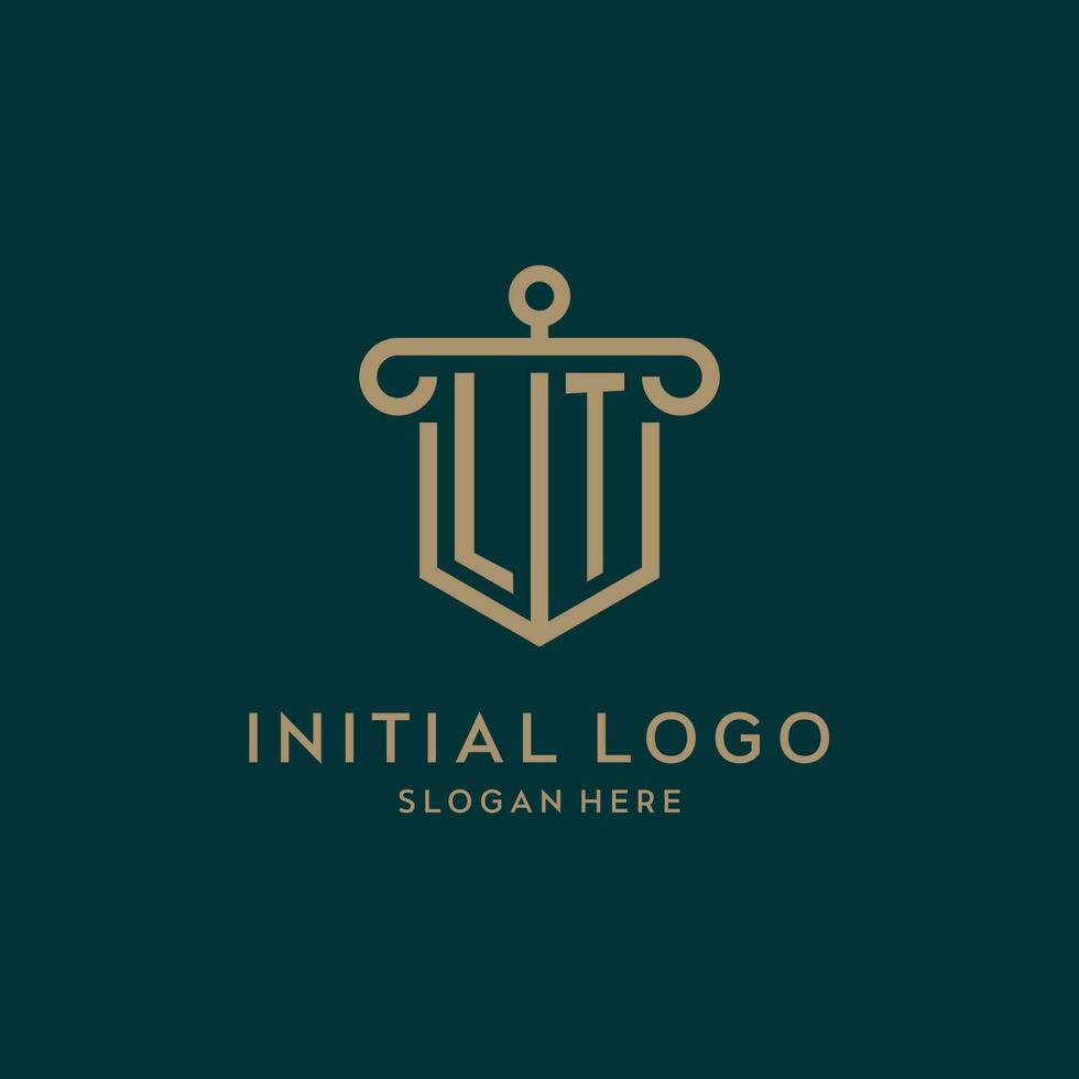 lt monogramma iniziale logo design con scudo e pilastro forma stile vettore