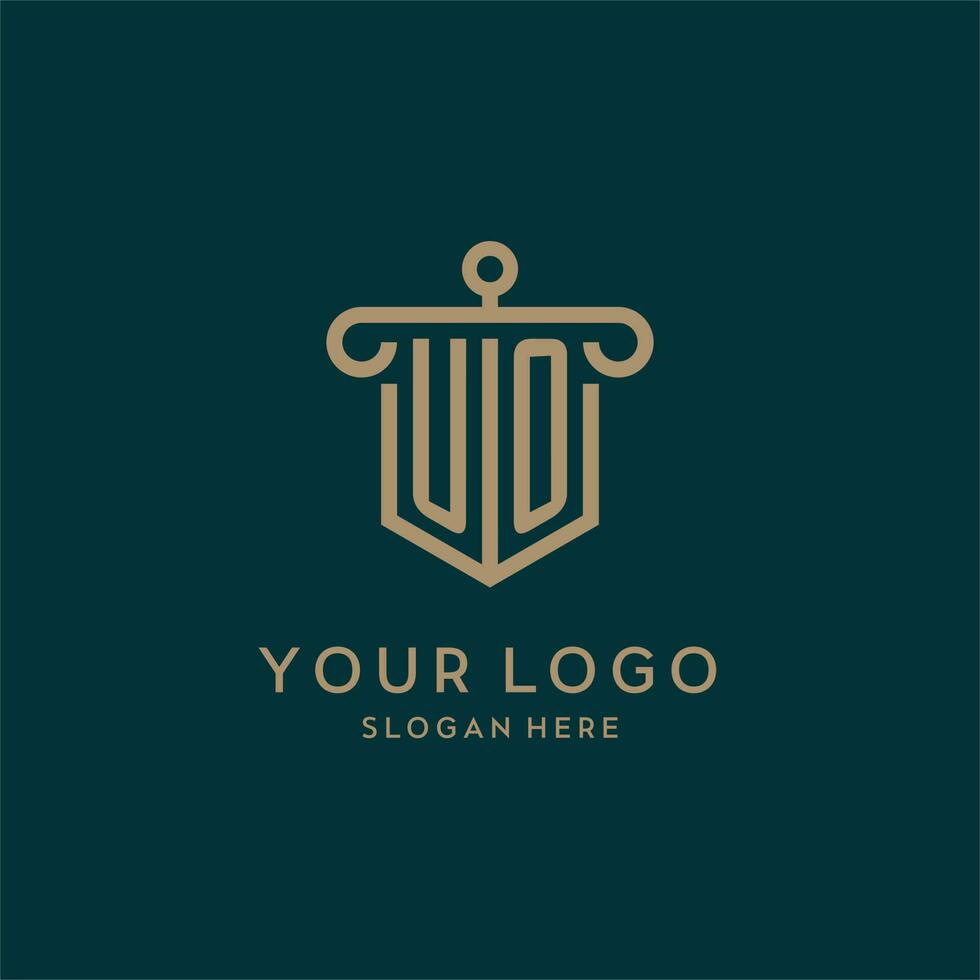 uo monogramma iniziale logo design con scudo e pilastro forma stile vettore