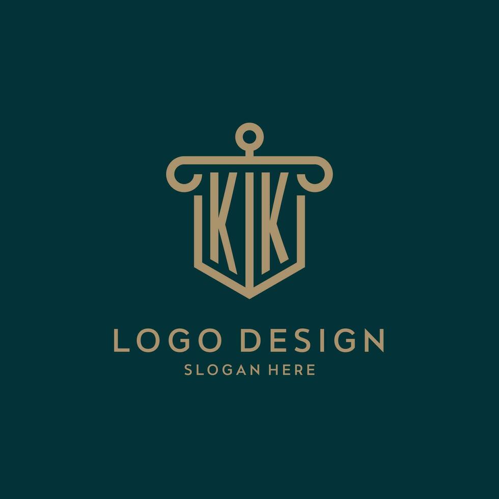 kk monogramma iniziale logo design con scudo e pilastro forma stile vettore