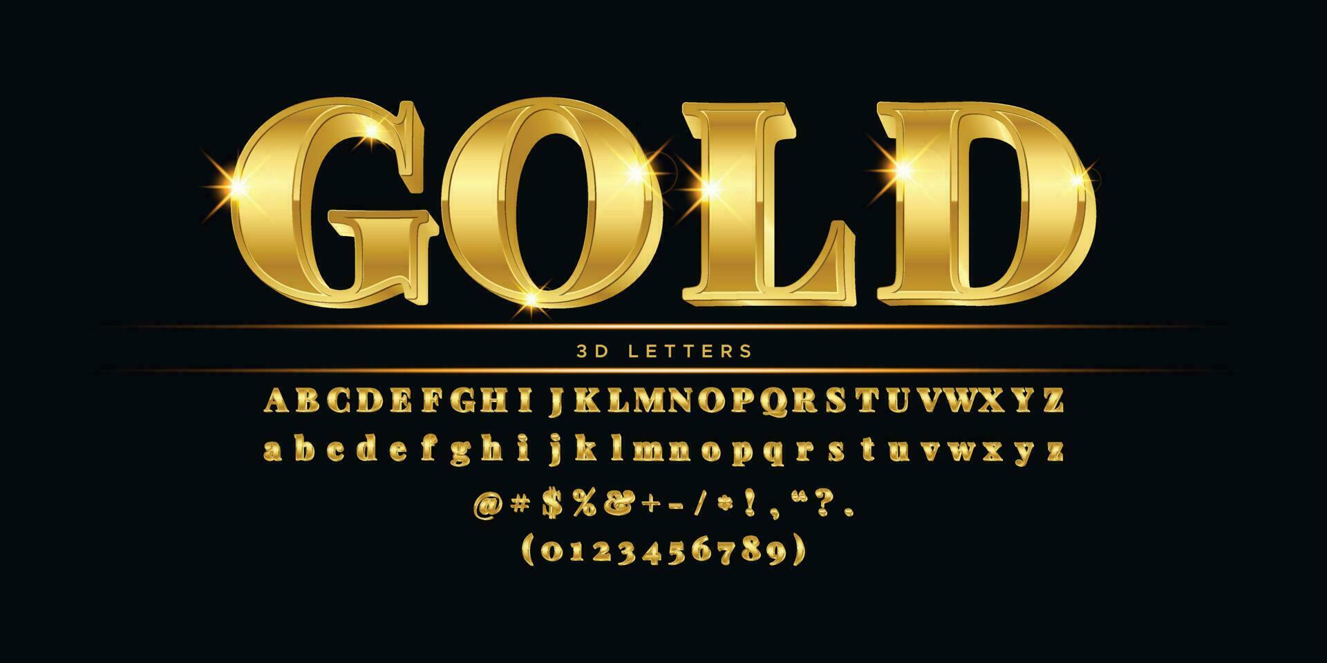 3d oro alfabeto lettere con numeri e simboli 3d font d'oro alfabeti lettere vettore