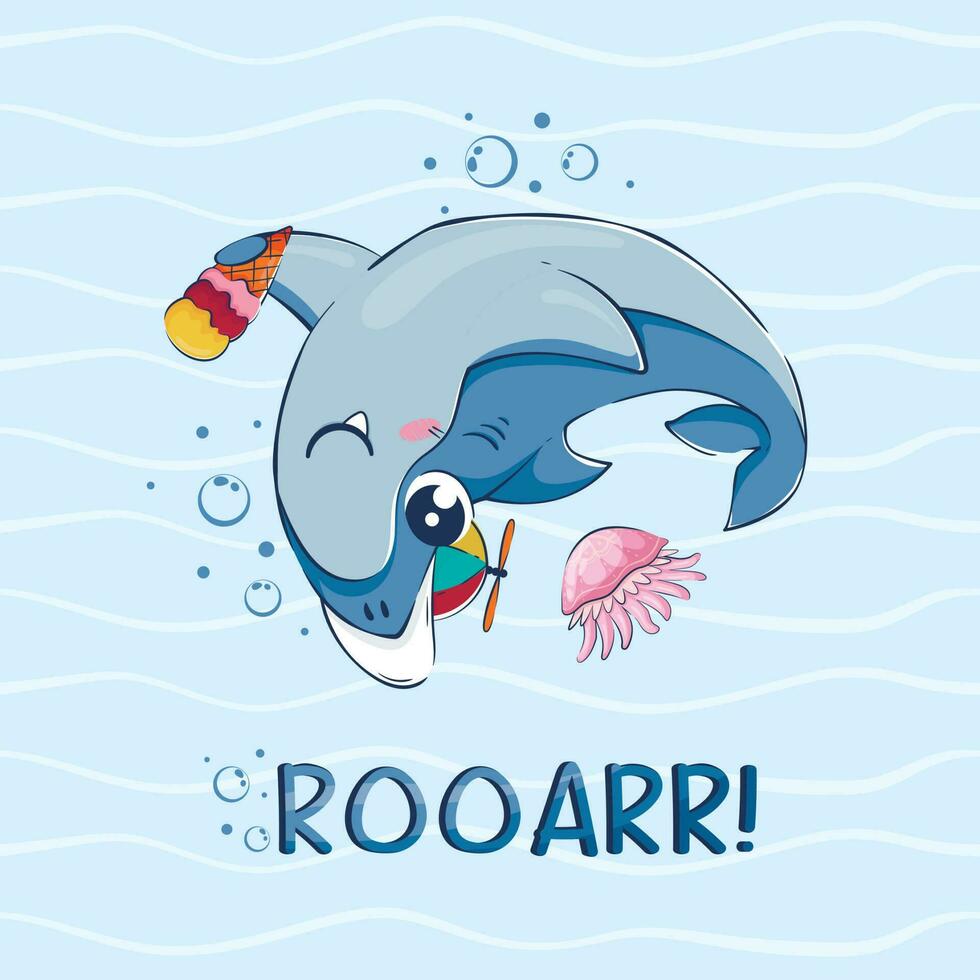 cartone animato divertente squalo nel un' berretto con un' elica e ghiaccio crema tra il onde. cartolina con il iscrizione ruggito. vettore