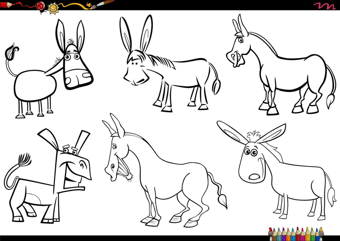 cartone animato asini azienda agricola animale personaggi impostato colorazione pagina vettore